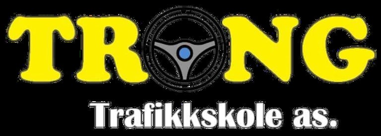 TRONG Trafikkskole as logo with yellow text and steering wheel icon on black background
